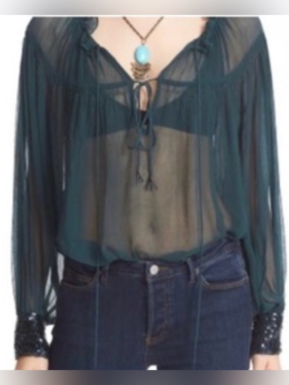 Free People Teal Sheer Sequin Cuff Peasant Blouse Medium